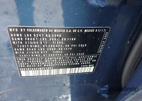 2018 Volkswagen Tiguan 2.0T S из США, поврежденный, VIN 3VV1B7AX3JM021881